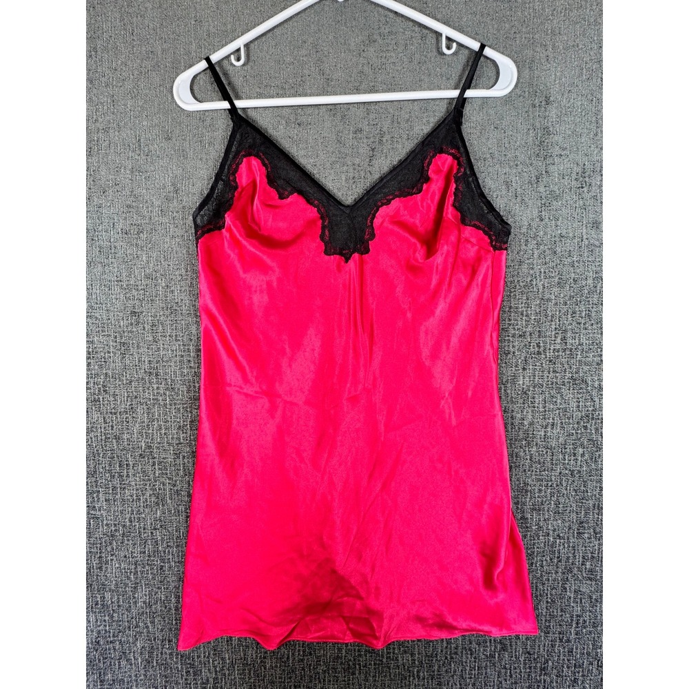 VTG Victorias Secret Pink Satin Black Lace Trim Chemise Nightgown Size M